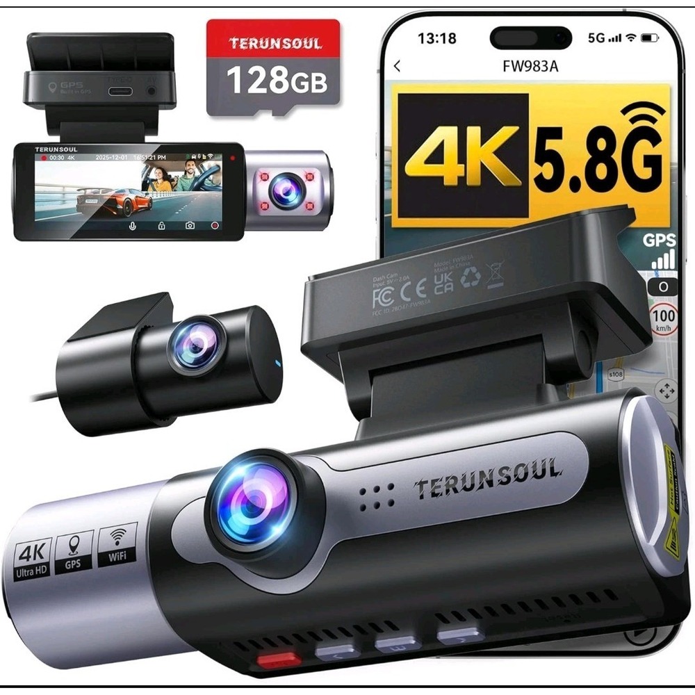 Terunsoul 4K Dash Cam Front and Rear,Full HD 3Channel Dashcam,Free 128GB MicroS